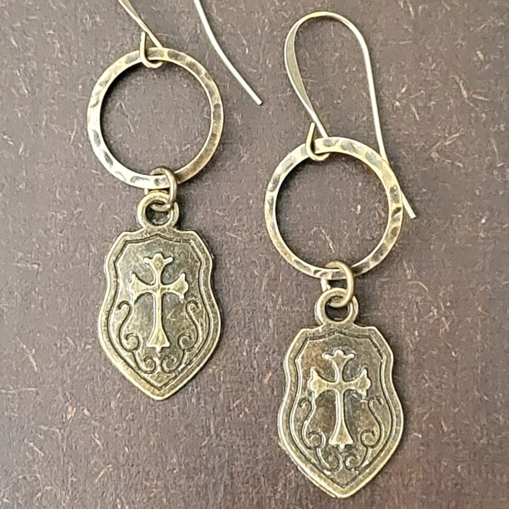 Bronze SHIELD CROSS Circle Earrings, Faith, Love, Brass Hook Earwires